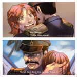 1boy 1girl artist_name asuka_young black_hair character_name crying crying_with_eyes_open english_text epaulettes facial_hair genzo_(one_piece) hand_in_another&#039;s_hair hat highres hug mustache nami_(one_piece) one_piece one_piece_(live_action) open_mouth orange_hair scar scar_on_face short_hair tears