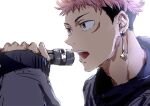  1boy commentary_request earrings facial_mark itadori_yuuji jewelry jujutsu_kaisen long_sleeves male_focus microphone nori20170709 open_mouth orange_eyes pink_hair short_hair simple_background solo teeth undercut white_background 