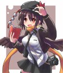  +_+ 1girl black_headwear black_skirt black_thighhighs breasts brown_hair brown_jacket brown_wings cabbie_hat camera collared_shirt commentary_request feathered_wings hat highres holding holding_pen jacket kuromu_(underporno) long_sleeves loose_necktie medium_breasts necktie notebook open_clothes open_jacket open_mouth pen pom_pom_(clothes) red_eyes scarf shameimaru_aya shirt short_hair skirt solo thigh-highs touhou translation_request white_shirt wings yellow_scarf zettai_ryouiki 