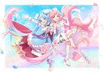  2girls blue_eyes blue_hair blue_sky bow bowtie cure_prism cure_sky feathers floating floating_hair gloves green_eyes highres hirogaru_sky!_precure lanzhu multiple_girls nijigaoka_mashiro pink_bow pink_bowtie pink_hair precure shoes sky sora_harewataru thigh-highs white_gloves white_thighhighs 