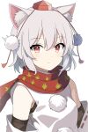  1girl absurdres animal_ears arina_stepanova detached_sleeves highres inubashiri_momiji looking_at_viewer pom_pom_(clothes) red_eyes red_headwear red_scarf scarf shirt smile solo touhou white_background white_hair white_shirt wolf_ears 