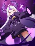  1girl ahoge ascot black_coat blush braid braided_bangs coat collar demon_horns fang hair_between_eyes hand_on_own_face hand_on_own_hip highres hololive horns jacket la+_darknesss la+_darknesss_(1st_costume) long_hair long_sleeves looking_at_viewer metal_collar multicolored_hair overlord_(overlord80000) pointy_ears purple_background purple_coat purple_hair purple_jacket purple_thighhighs single_thighhigh sleeves_past_fingers sleeves_past_wrists smile smug solo standing streaked_hair striped_horns teeth thigh-highs very_long_hair virtual_youtuber white_hair wide_sleeves yellow_ascot yellow_eyes 