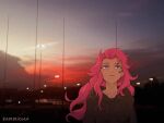  1girl artist_name blue_eyes breasts brown_hoodie closed_mouth collarbone hood hood_down hoodie large_breasts league_of_legends long_hair looking_up outdoors pink_hair rammionn seraphine_(league_of_legends) solo sunset upper_body 