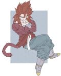  1boy biceps blue_eyes body_fur closed_mouth crossed_arms crossed_legs dougi dragon_ball dragon_ball_gt earrings fusion gamma_no_3 gloves highres jewelry looking_at_viewer male_focus monkey_boy monkey_tail muscular muscular_male no_nipples pants pectorals potara_earrings red_fur redhead saiyan sash sitting smirk solo spiky_hair super_saiyan super_saiyan_4 tail vegetto 