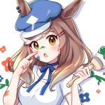  1girl akane0987 alternate_costume blue_eyes blue_headwear breasts brown_eyes brown_hair cabbie_hat commentary_request ears_through_headwear facepaint hair_ornament hairclip hat horse_girl looking_at_viewer matikane_tannhauser_(umamusume) medium_breasts medium_hair multicolored_hair open_mouth paintbrush portrait solo streaked_hair umamusume white_background white_hair 