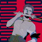  1boy armband character_name earrings holding holding_sword holding_weapon jewelry krzuka limited_palette male_focus one_piece open_mouth red_background roronoa_zoro short_hair short_sleeves solo sword teeth upper_teeth_only weapon 