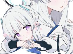  1girl blue_archive blue_necktie closed_mouth halo head_rest headphones highres jacket light_blush long_hair looking_at_viewer necktie noa_(blue_archive) off_shoulder shirt simple_background smile violet_eyes white_background white_hair white_jacket white_shirt ymm007xx 