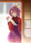  1girl biyon bouquet flower hair_between_eyes hair_ribbon hakama holding holding_bouquet japanese_clothes kimono komakusa_sannyo long_hair long_sleeves open_mouth ponytail purple_hair purple_hakama red_eyes red_flower red_kimono ribbon smile solo touhou white_flower wide_sleeves yellow_ribbon 