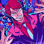  1boy artist_name blazer blue_necktie collared_shirt commentary_request dated dutch_angle fingernails grin highres ichijou_seiya jacket kaiji limited_palette long_hair looking_at_viewer male_focus necktie pink_jacket red_eyes red_shirt redhead shirt smile solo unknown03162 upper_body 