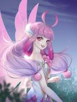  1girl :d antenna_hair bare_arms bare_shoulders bush dress dress_flower fairy fairy_wings flower from_side hand_up highres kumu_zaisheng long_hair looking_at_viewer looking_to_the_side low-tied_long_hair low_twintails night night_sky outdoors pink_eyes pink_flower pink_hair pink_wings pointy_ears qili_(xiao_huaxian) sky sleeveless sleeveless_dress smile solo teeth twintails upper_body upper_teeth_only white_dress wings xiao_huaxian 