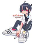 1girl adidas ahoge black_hair black_leggings braid breasts cigarette drop_shadow fanny_pack full_body hair_ornament highres holding holding_cigarette leggings looking_at_viewer nao97122 original product_placement red_eyes red_socks ribbed_socks shirt shirt_tucked_in shoes short_sleeves side_braid simple_background single_braid sitting small_breasts smoking sneakers socks solo sticker_on_face t-shirt triple_vertical_stripe white_background white_footwear white_shirt 