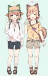  2girls ^_^ absurdres animal_ear_headphones animal_ears aqua_bow bag blonde_hair blue_archive blush bow brown_bag brown_footwear cat_ear_headphones closed_eyes facing_viewer fake_animal_ears flying_sweatdrops full_body green_hair hair_bow hat headphones highres kamotsu_yasai looking_at_viewer midori_(blue_archive) momoi_(blue_archive) multiple_girls open_mouth satchel shirt shorts siblings simple_background sisters sketch twins white_shirt yellow_shirt 