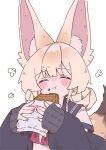  1girl :t absurdres animal_ear_fluff animal_ears black_cardigan blonde_hair blush blush_stickers bow bowtie cardigan cardigan_partially_removed closed_eyes closed_mouth commentary_request double_bun eating extra_ears facing_viewer film_grain flower_(symbol) food food_on_face food_wrapper fox_ears fox_girl fox_tail grey_sailor_collar hair_bun hands_up highres holding holding_food long_sleeves medium_hair megateru multiple_sources nose_blush open_cardigan open_clothes original red_bow red_bowtie sailor_collar school_uniform serafuku shirt short_sleeves sidelocks simple_background sleeves_past_wrists solo tail taiyaki upper_body wagashi white_background white_shirt 