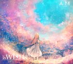  1girl ahoge album_cover axleaki back_bow blonde_hair blue_sky bow braid chinese_commentary clouds commentary_request cover dress english_text forest from_behind highres light_particles long_hair nature original outdoors puffy_short_sleeves puffy_sleeves scenery short_sleeves sky solo sparkle standing very_long_hair white_dress wide_shot 