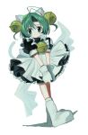  1girl animal_hat antenna_hair apron bell black_dress cat_hat closed_mouth dejiko di_gi_charat dress full_body green_eyes green_hair hat highres jingle_bell looking_at_viewer maid_apron paw_shoes pepeppepe101 simple_background solo tail white_apron white_background white_footwear white_mittens 