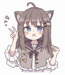  :d ahoge animal_ears black_bow black_bowtie black_sailor_collar blue_eyes blush bow bowtie brown_hair capelet cat_ears cat_girl cat_hair_ornament center_frills colon_br cropped_torso fang frilled_capelet frills grey_capelet hair_between_eyes hair_ornament hairclip hand_up long_hair long_sleeves looking_at_viewer notice_lines open_mouth original sailor_collar shirt sidelocks simple_background skin_fang smile straight-on straight_hair upper_body v white_background white_shirt 