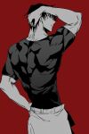  1boy absurdres back black_hair black_shirt facing_back fushiguro_touji greyscale_with_colored_background hand_on_own_head highres jujutsu_kaisen looking_to_the_side male_focus mi_muuuu muscular muscular_male red_background shirt short_hair short_sleeves simple_background solo 