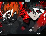  2boys alternate_color amamiya_ren black_coat black_gloves black_hair black_skin btmr_game clone closed_mouth coat colored_skin confetti eye_mask flower gloves grin hair_between_eyes holding holding_mask long_sleeves male_focus mask multiple_boys orange_hair persona persona_5 red_eyes red_gloves smile twitter_username upper_body white_flower white_mask yellow_eyes 