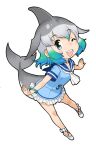  1girl blue_eyes blue_hair bracelet cetacean_tail choker common_bottlenose_dolphin_(kemono_friends) dolphin_girl dress fins fish_tail grey_hair jewelry kemono_friends looking_at_viewer multicolored_hair official_art one_eye_closed open_mouth sailor_dress shoes short_hair simple_background smile solo tail two-tone_hair yoshizaki_mine 
