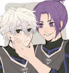  2boys black_eyes blue_lock bright_pupils closed_mouth commentary_request fuyutsuki grin hair_between_eyes hand_on_another&#039;s_face highres long_sleeves looking_at_another looking_at_viewer male_focus mikage_reo multiple_boys nagi_seishirou purple_hair short_hair smile soccer_uniform sportswear teeth two-tone_background upper_body violet_eyes white_hair white_pupils 