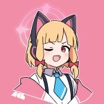  1girl animal_ear_headphones animal_ears blonde_hair blue_archive blush bow cat_ear_headphones collared_shirt fake_animal_ears hair_bow headphones highres looking_at_viewer momoi_(blue_archive) nako775 off_shoulder open_mouth pink_background pink_eyes shirt short_hair simple_background solo suspenders upper_body white_shirt 