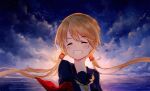  1girl arm_ribbon axleaki blonde_hair blue_sailor_collar blue_serafuku blue_shirt blush clenched_teeth closed_eyes clouds cloudy_sky commentary facing_viewer floating_hair hair_between_eyes highres horizon kantai_collection long_hair low_twintails moon_(ornament) necktie open_mouth red_ribbon ribbon sailor_collar satsuki_(kancolle) school_uniform serafuku shirt sky smile solo star_(sky) starry_sky teeth twilight twintails upper_body yellow_necktie 