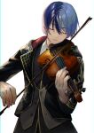  1boy absurdres aoyagi_touya blue_hair blunt_bangs buttons closed_eyes closed_mouth commentary_request dark_blue_hair fingernails highres holding holding_bow_(music) holding_instrument hood hood_down instrument long_sleeves male_focus memomemomemomo mole mole_under_eye multicolored_hair music official_alternate_costume period_of_nocturne_(project_sekai) playing_instrument project_sekai short_hair simple_background solo split-color_hair two-tone_hair upper_body violin white_background 