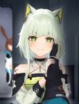 1other 2girls absurdres amiya_(arknights) animal_ears arknights bare_shoulders blunt_bangs blurry cat_ears closed_mouth collar commentary depth_of_field doctor_(arknights) dress green_dress green_eyes green_hair hand_on_another&#039;s_cheek hand_on_another&#039;s_face highres jewelry kal&#039;tsit_(arknights) looking_ahead looking_at_viewer multiple_girls oripathy_lesion_(arknights) peeking_out pendant pov pov_hands short_hair_with_long_locks smile solo_focus straight-on twitter_username upper_body zinkaa 