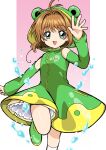  1girl :d animal_hood antenna_hair arm_up brown_hair cardcaptor_sakura commentary_request detached_sleeves dress frog_hood green_dress green_eyes green_footwear highres hood kinomoto_sakura leg_up long_sleeves looking_at_viewer mokku_(ak0207) open_mouth short_hair smile solo standing standing_on_one_leg water 