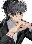  1boy amamiya_ren binxngchng1 black_hair glasses grey_eyes head_rest highres layered_sleeves long_sleeves male_focus opaque_glasses persona persona_5 school_uniform shirt short_hair shuujin_academy_school_uniform simple_background upper_body white_shirt 