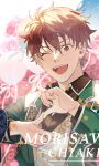  1boy balloon brown_eyes brown_hair buttons character_name collared_shirt commentary ensemble_stars! flower lapels long_sleeves looking_at_viewer male_focus morisawa_chiaki notched_lapels official_alternate_costume one_eye_closed open_mouth shirt short_hair solo star_(symbol) teeth upper_body upper_teeth_only user_ckgr5884 