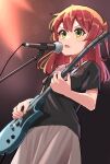  1girl 5alive black_shirt bocchi_the_rock! brown_skirt electric_guitar green_eyes guitar hair_between_eyes highres holding holding_instrument instrument kita_ikuyo long_hair microphone microphone_stand music one_side_up open_mouth playing_instrument redhead shirt short_sleeves skirt solo 