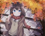  1girl :c autumn autumn_leaves black_ribbon black_skirt blue_eyes blush brown_hair brown_jacket collared_jacket colon_br grey_sweater hair_between_eyes hand_up highres holding holding_leaf jacket leaf long_sleeves looking_at_viewer maple_leaf medium_hair neck_ribbon open_clothes open_jacket original raised_eyebrows red_scarf ribbon scarf sidelocks sitting skirt solo stairs sweater upper_body 