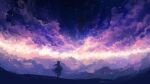  1girl axleaki clouds cloudy_sky commentary_request dress facing_away floating_hair from_behind highres horns lens_flare long_hair night night_sky original outdoors purple_theme scenery silhouette sky solo standing star_(sky) starry_sky wide_shot 