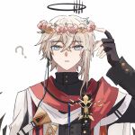  1boy ? arknights arm_up black_gloves black_shirt blue_eyes chuanshanjiashuoleshenme78183 commentary_request executor_(arknights) fingerless_gloves flower flower_wreath gloves grey_hair hair_between_eyes halo head_wreath looking_at_viewer male_focus parted_lips pink_flower shirt simple_background solo upper_body white_background yellow_flower 