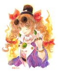  1girl bangle blonde_hair bow bracelet coat dated dress drill_hair eyewear_on_head hair_bow hat hat_bow jewelry long_hair looking_at_viewer mini_hat mini_top_hat painting_(medium) pendant purple_coat red_bow ring round_eyewear shiroma_(mamiko) smile solo sunglasses top_hat touhou traditional_media twin_drills watercolor_(medium) white_dress yellow_eyes yorigami_jo&#039;on 
