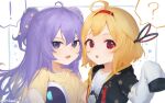  ! 2girls ? aged_down ahoge blonde_hair ckia_(kaela_kovalskia) commentary hair_ornament hairband highres hololive hololive_indonesia kaela_kovalskia long_hair looking_at_viewer moona_hoshinova multiple_girls open_mouth purple_hair red_eyes red_hairband shirt short_hair sleeves_past_fingers sleeves_past_wrists spoken_exclamation_mark spoken_question_mark star_(symbol) star_hair_ornament t-shirt twitter_username two_side_up upper_body v-shaped_eyebrows violet_eyes virtual_youtuber yellow_shirt zinkaa 