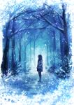  1girl axleaki bare_tree border commentary_request fading_border forest hand_in_pocket highres long_sleeves nature night original outdoors pantyhose scarf scenery skirt snow snowing solo standing star_(symbol) tree wide_shot winter winter_clothes 