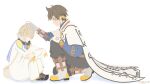  2boys ahoge artist_name black_pants blonde_hair boots brown_hair closed_eyes dress feathersnek headpat highres laphicet_(tales) male_child male_focus multiple_boys pants sailor_collar simple_background smile sorey_(tales) tales_of_(series) tales_of_berseria tales_of_zestiria white_background white_dress 