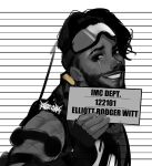  1boy absurdres apex_legends barbie_(franchise) barbie_(live_action) barbie_mugshot_(meme) bodysuit character_name facial_hair gloves goatee goggles goggles_on_head hair_behind_ear highres holding holding_sign looking_at_viewer male_focus meme mirage_(apex_legends) mugshot nsfwolf parted_lips radio_antenna scar scar_across_eye scar_on_face scar_on_nose sign smile solo spot_color 