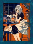  1girl apron architecture black_dress blue_border border bowl cat chinese_text chopsticks cup dress drinking_glass east_asian_architecture fern food highres holding holding_cup indoors keishin light_smile limited_palette long_dress long_hair long_sleeves looking_at_viewer maid_headdress menu original plate puffy_short_sleeves puffy_sleeves short_sleeves sideways_glance sitting solo_focus stool tabby_cat waitress window 