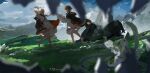  1girl 2girls arms_behind_head barefoot black_cloak black_hair blurry blurry_foreground braid cloak clouds cloudy_sky commentary_request dated dress fantasy field floating_hair grass green_eyes hair_ornament hair_tubes hairclip highres holding holding_map long_hair looking_at_another map mountainous_horizon multiple_girls original scenery short_hair_with_long_locks short_sleeves signature sky standing walking white_dress white_hair wide_shot xilmo 