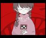  1girl braid brown_hair closed_eyes commentary_request copyright_name english_text flat_color hand_on_own_chest letterboxed light_frown looking_down madotsuki medium_hair pink_sweater red_background simple_background solo sweater tamanoha_(cookware) twin_braids twitter_username yume_nikki 