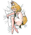  1girl animal_ear_fluff animal_ears arm_ribbon barefoot bed_sheet blonde_hair closed_eyes commentary_request fox_ears fox_girl fox_tail frilled_sleeves frills green_ribbon kasuya_baian kudamaki_tsukasa leg_ribbon lying medium_hair nose_bubble object_hug on_bed on_side open_mouth pillow pillow_hug raised_eyebrows ribbon short_sleeves sleep_bubble sleeping solo tail touhou white_background white_romper 