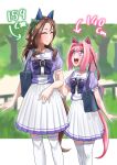  2girls ^_^ absurdres animal_ears bag blush bow bowtie breasts brown_hair closed_eyes closed_mouth feet_out_of_frame freely2327 haru_urara_(umamusume) height height_difference highres holding_another&#039;s_arm horse_ears horse_girl horse_tail king_halo_(umamusume) long_hair looking_at_another multiple_girls one_side_up open_mouth pink_hair ponytail purple_shirt sailor_collar school_bag school_uniform shirt short_sleeves skirt small_breasts smile standing tail thigh-highs tracen_school_uniform umamusume violet_eyes white_skirt white_thighhighs 