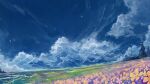  axleaki blue_sky chinese_commentary clouds commentary_request day dutch_angle falling_petals field flower flower_field grass highres horizon no_humans original outdoors petals scenery sky sky_focus tree 