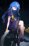 1girl bardiche_(weapon) belt black_footwear blue_eyes blue_hair blue_nails bow bowtie choker crossed_legs earrings evil_smile grey_socks hair_between_eyes half_updo high-waist_skirt highres holding holding_weapon hololive hoshimachi_suisei hoshimachi_suisei_(4th_costume) jewelry loafers long_hair looking_at_viewer miniskirt nail_polish night night_sky official_alternate_costume official_alternate_hairstyle pleated_skirt potepotechi puffy_short_sleeves puffy_sleeves purple_choker purple_sailor_collar purple_shirt purple_skirt sailor_collar school_uniform shirt shoes short_sleeves sitting skirt sky smile socks solo star_(symbol) utility_pole virtual_youtuber weapon yellow_belt yellow_bow yellow_bowtie