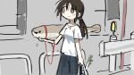  1girl animal animal_collar bag blank_eyes blush collar floating grocery_bag highres leash original outdoors pet sacabambaspis shirt shopping_bag solo spring_onion tsukumizu_yuu white_shirt 