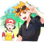  2boys :d black_shirt blue_oak closed_eyes collared_shirt commentary_request hat male_focus mochi_(mocchi_p_2m) multiple_boys open_mouth pikachu pokemon pokemon_(creature) pokemon_(game) pokemon_sm red_(pokemon) red_headwear shirt short_hair short_sleeves smile star_(symbol) sunglasses t-shirt teeth upper_body upper_teeth_only 