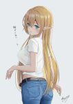  1girl belt blonde_hair blush breasts denim elf from_behind green_eyes highres jeans large_breasts long_hair looking_at_viewer looking_back may9 original pants pointy_ears shirt white_background white_shirt 